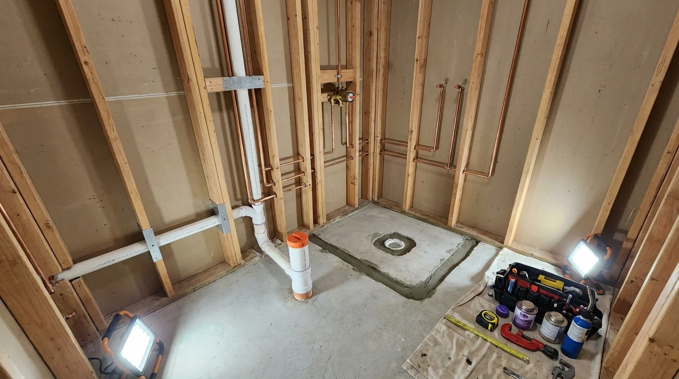 Bathroom rough-in plumbing during remodel by Johns Plumbing LLC in Ramsey
