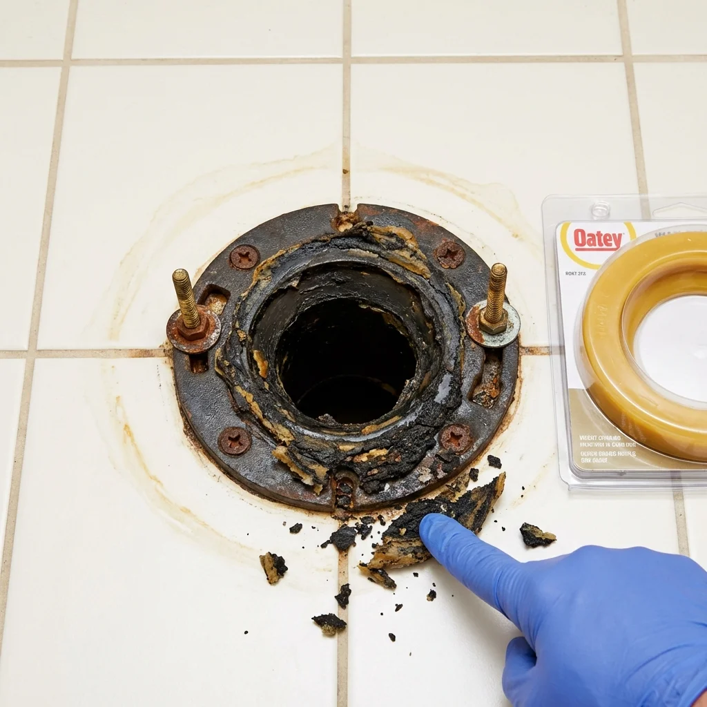 Failed wax ring showing water seepage at the base of a toilet in a Ramsey, IL home