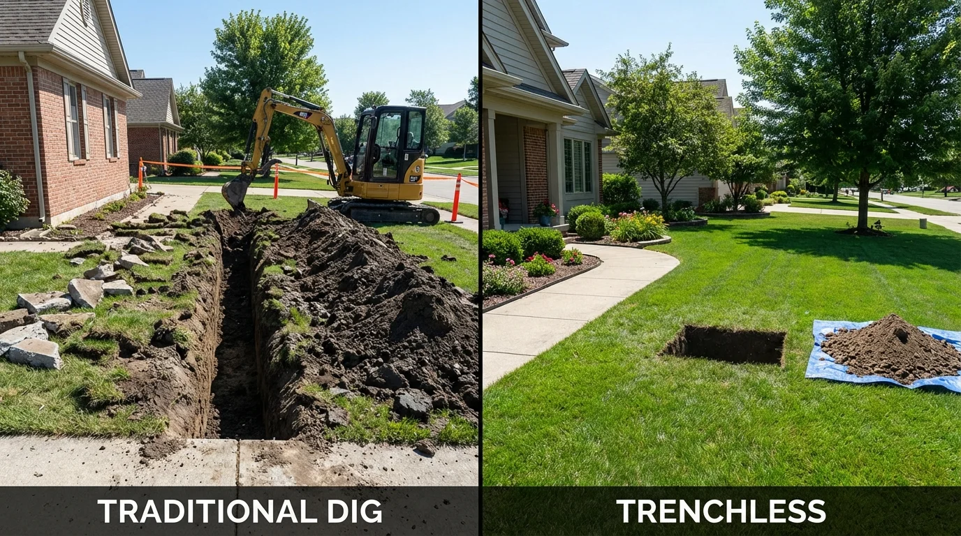 Trenchless sewer repair with minimal yard damage versus traditional excavation in Ramsey, IL